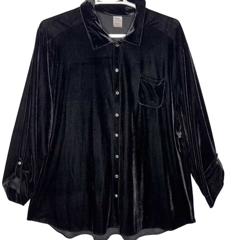 Black Velvet Rhinestone Snap Button Roll Tab Long Sleeve Blouse Top Plus Size 4X